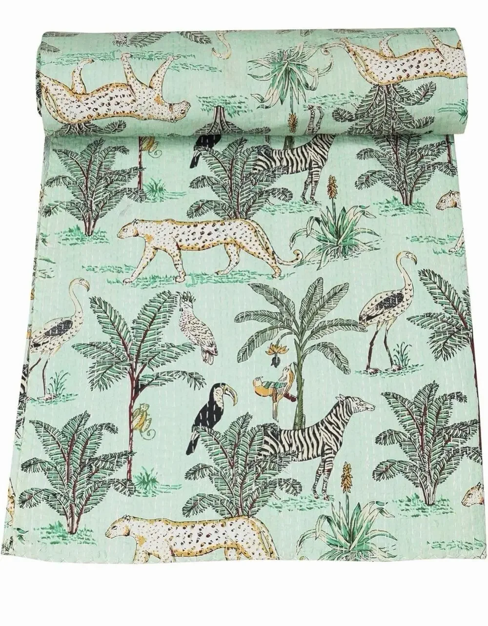 Marubhumi Indian Traditional Cotton Jungle Print Kantha Quilt Mint Queen